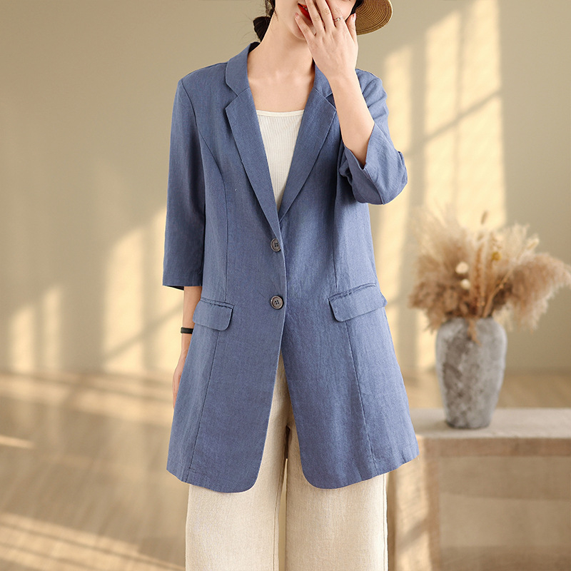 Дамски блейзър от памук и лен, Slim Fit, Mid-Length, Suit Collar, Five-Quarter Sleeves