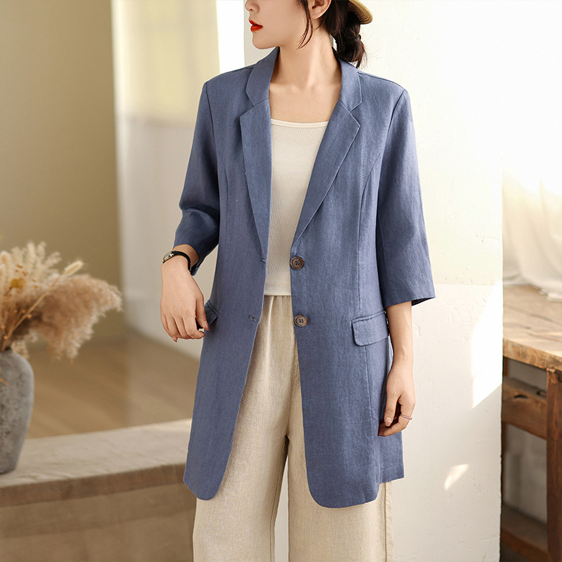 Дамски блейзър от памук и лен, Slim Fit, Mid-Length, Suit Collar, Five-Quarter Sleeves