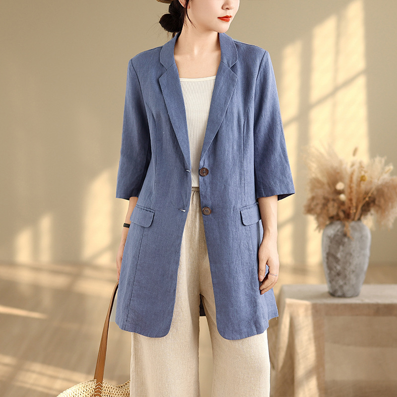 Дамски блейзър от памук и лен, Slim Fit, Mid-Length, Suit Collar, Five-Quarter Sleeves