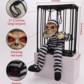 Κρεμαστό φάντασμα για το Χάλοουιν με LED φωτισμό, ηχητικά εφέ και αισθητήρα κίνησης — σκηνή με κλουβί αιχμάλωτου πειρατή για αυλή