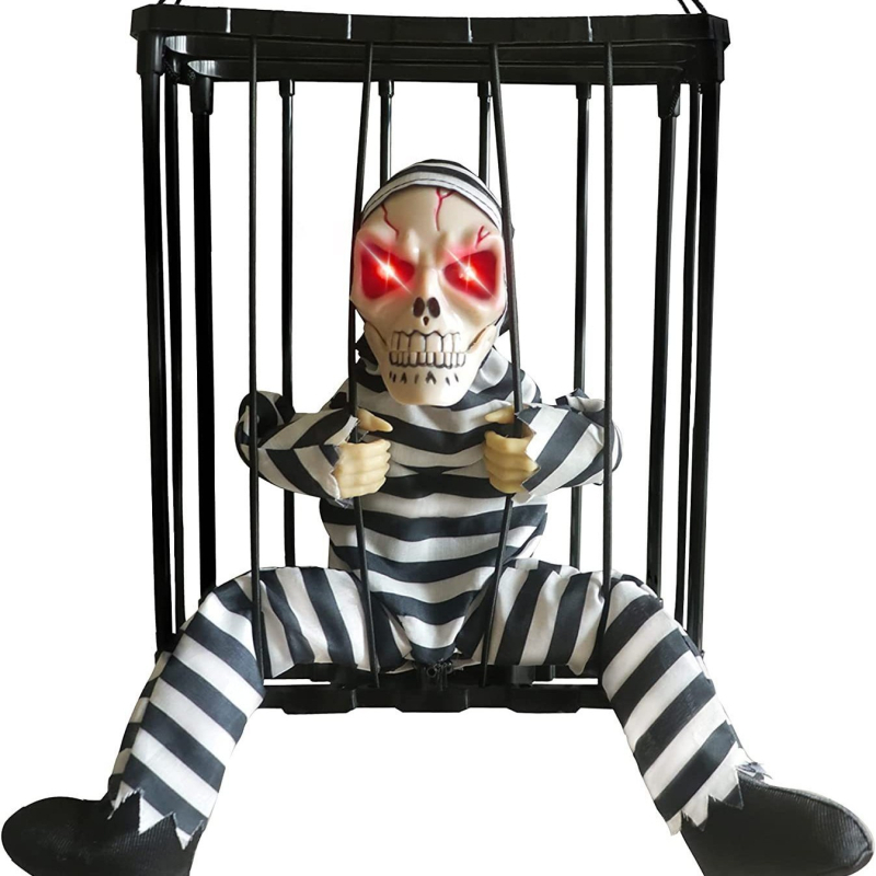 Κρεμαστό φάντασμα για το Χάλοουιν με LED φωτισμό, ηχητικά εφέ και αισθητήρα κίνησης — σκηνή με κλουβί αιχμάλωτου πειρατή για αυλή