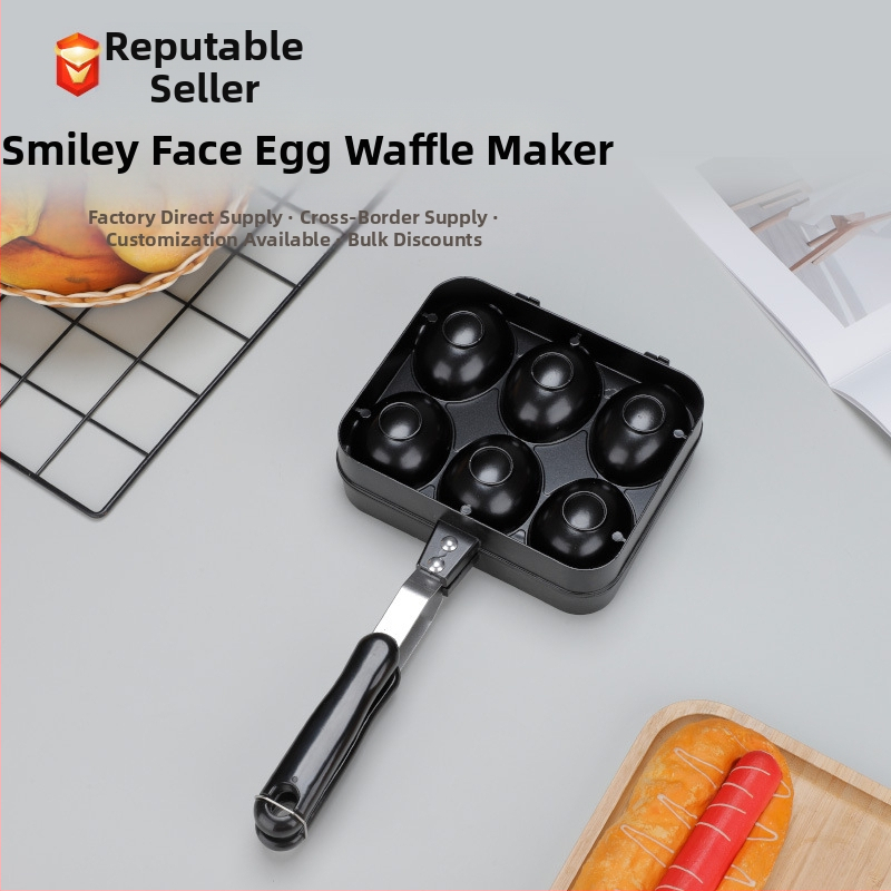 Šypsenosios veido kiaušinių vaflių keptuvė – nelimpančio, iš aliuminio lydinio, suderinama su dujinėmis viryklėmis, su atspausdintu logotipu