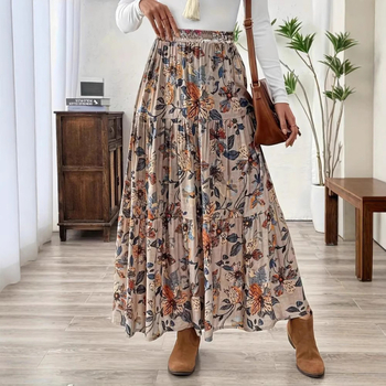 Μποέμ φούστα με εκτύπωση φυτών και λουλουδιών, ακανόνιστο τελείωμα, μίντ μήκος, καλοκαίρι 2024, χαλαρό στυλ
