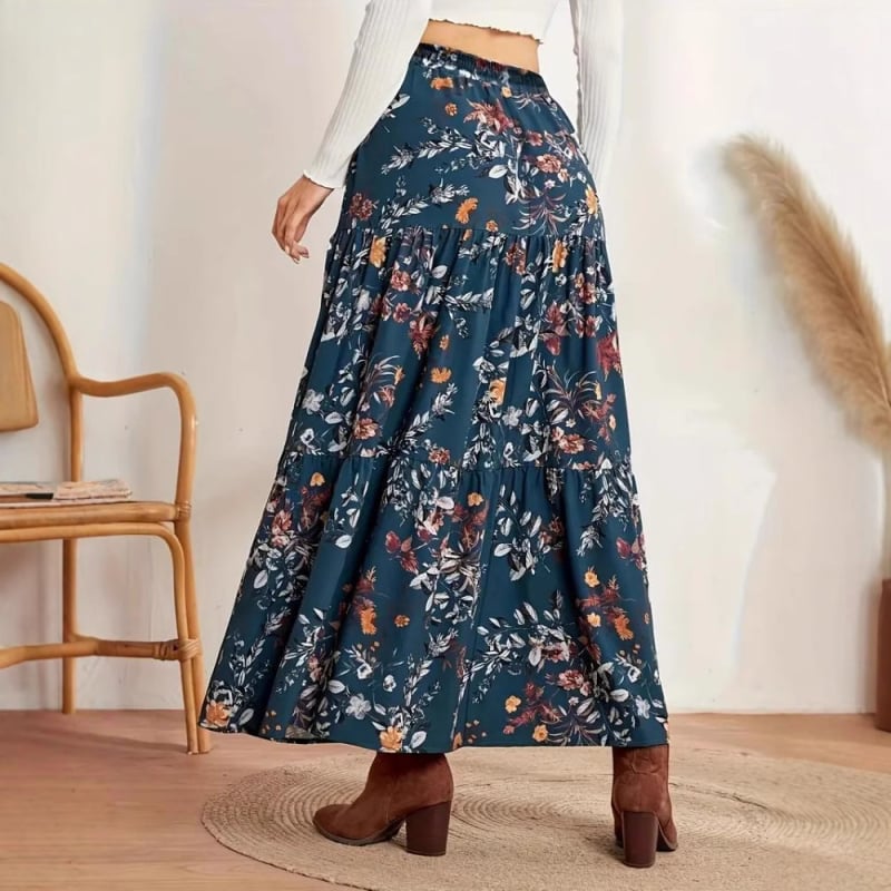 Миди пола с принт растения и цветя, неравна кройка, лято 2024, ежедневен стил