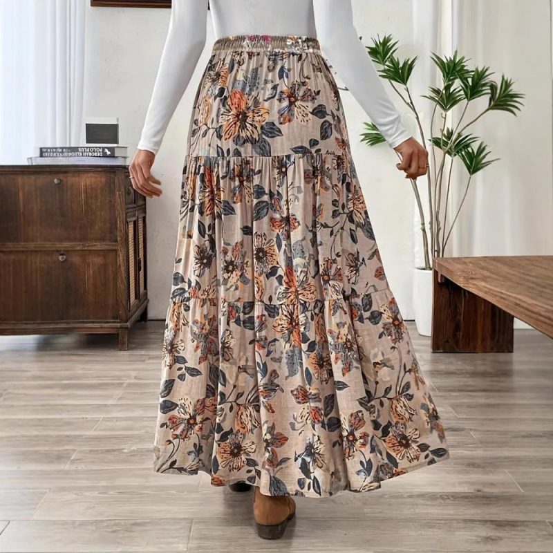 Миди пола с принт растения и цветя, неравна кройка, лято 2024, ежедневен стил