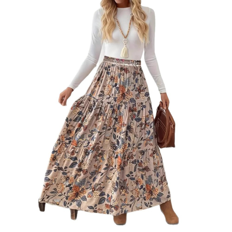 Миди пола с принт растения и цветя, неравна кройка, лято 2024, ежедневен стил