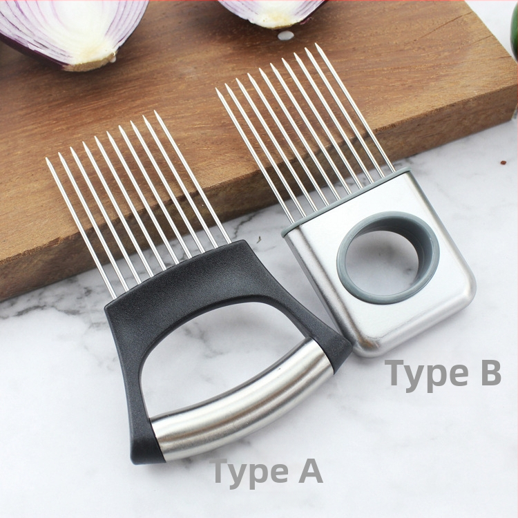 304 nerūdijančio plieno + ABS — svogūnų adatų laikiklis su įdėklu — Daugiafunkcis virtuvės įrankis svogūnams, vaisiams ir daržovėms; medžiagos: nerūdijantis plienas + ABS; pritaikomas apdorojimas ir spausdintas logotipas