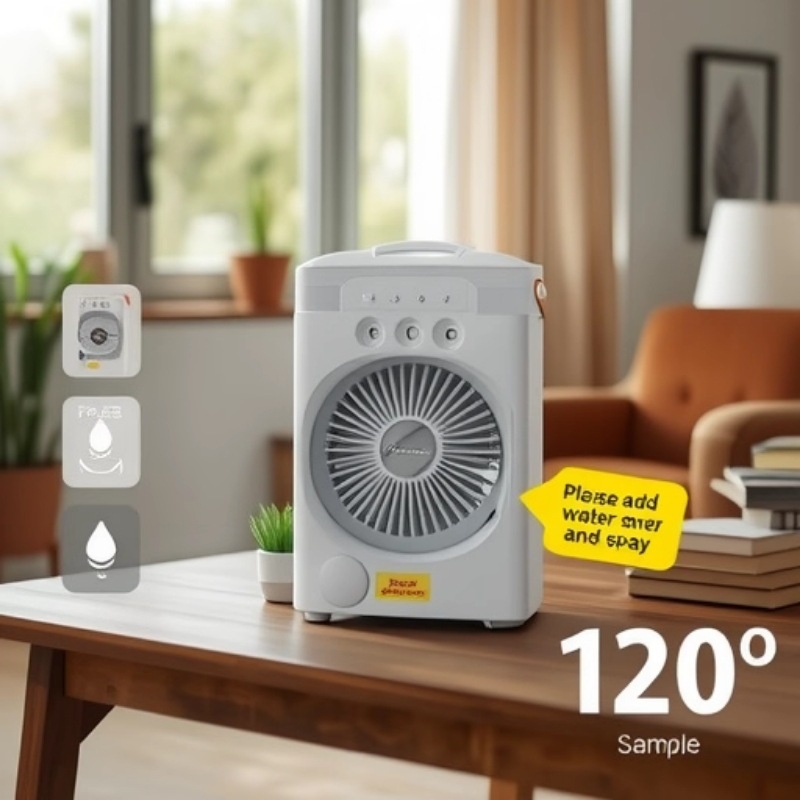 Настолен USB вентилатор със система за пръскане и дистанционно, 3 лопатки, безчетков двигател, вградена батерия 4000-6000 mAh, USB захранване, тих до 36 dB за циркулация на въздуха