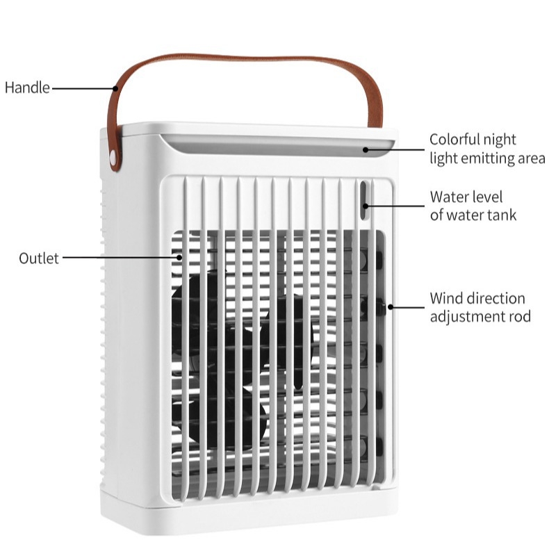 Stalo drėkintuvas-ventiliatorius su pasukimu, drėkinimu, aušinimu ir šviesos efektu | ABS medžiaga • Esample prekė • Personalizavimas galima
