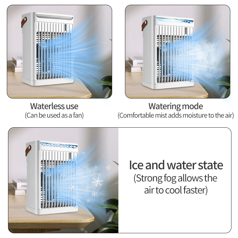 Stalo drėkintuvas-ventiliatorius su pasukimu, drėkinimu, aušinimu ir šviesos efektu | ABS medžiaga • Esample prekė • Personalizavimas galima