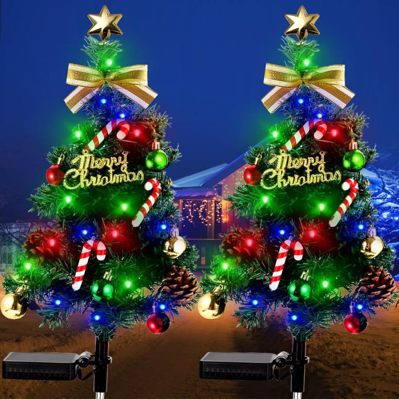 Zemes uzstādāmas saules LED Ziemassvētku eglītes gaismas – āra ūdensizturīgas dekoratīvās LED gaismas dārzam un pagalmai, IP65, 0.05W, Modelis LXDZ, Materiāls: audums + nerūsējošais tērauds, 12–16 stundu darbības laiks, Personalizācija
