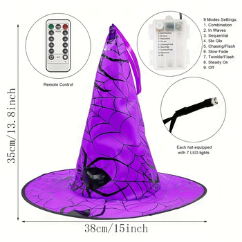 6 vnt. šviesinančių pakabinamų raganių skrybėlių su LED apšvietimu, poliesteris