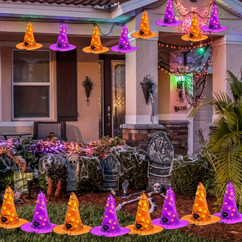 6 vnt. šviesinančių pakabinamų raganių skrybėlių su LED apšvietimu, poliesteris