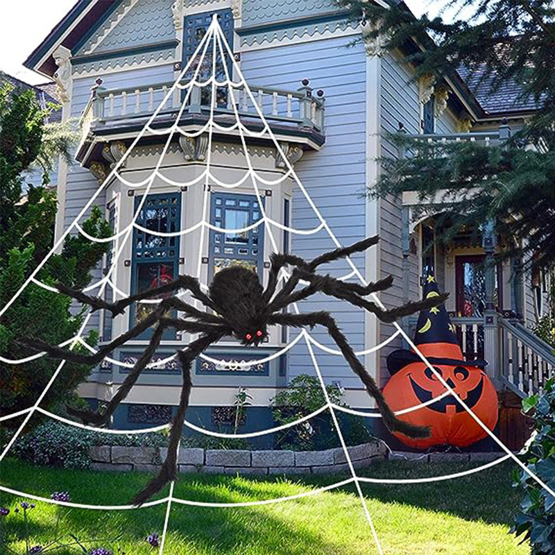 Ogromna plišana pauk Halloween viseća dekoracija za unutarnju i vanjsku upotrebu, s trokutastom mrežom pauka
