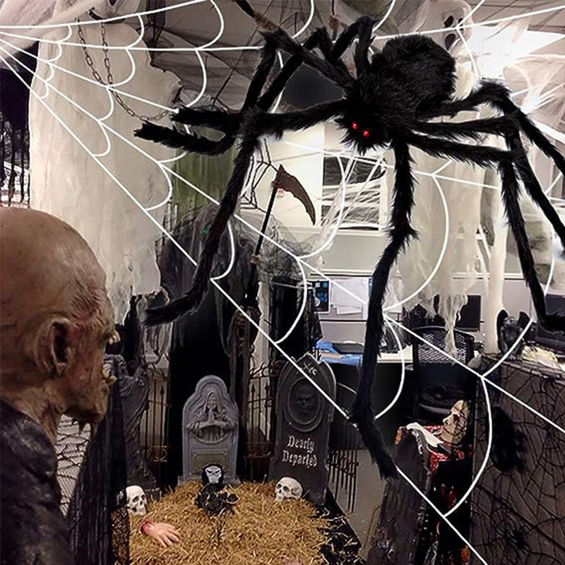 Ogromna plišana pauk Halloween viseća dekoracija za unutarnju i vanjsku upotrebu, s trokutastom mrežom pauka