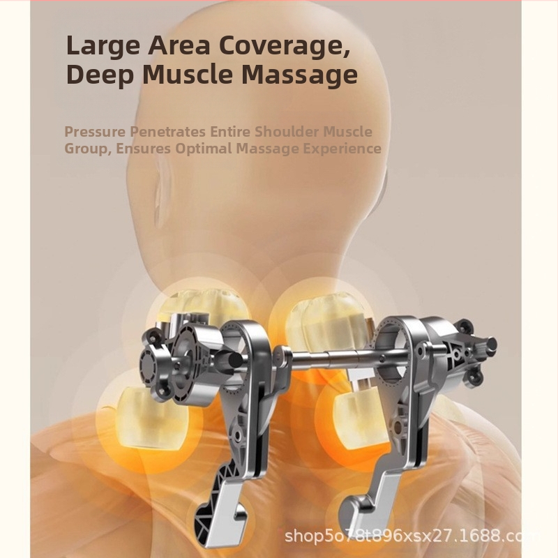 Устройството за масаж на раменете и шията с топъл компрес и месещ масаж – безжично, обгръщащ дизайн; 5V, 7W, 45–50°C, 305 g, 1 m кабел