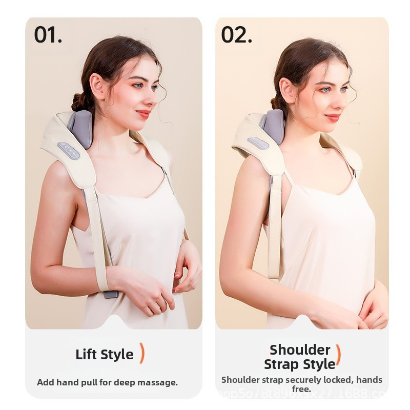 Устройството за масаж на раменете и шията с топъл компрес и месещ масаж – безжично, обгръщащ дизайн; 5V, 7W, 45–50°C, 305 g, 1 m кабел