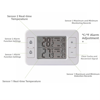 Belaidus šaldytuvo termometras, vidinis ir išorinis matavimas, dviejų kanalų, 0,1°C raiška, signalas