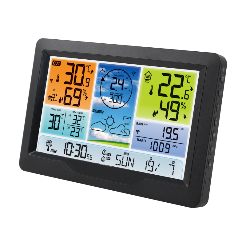 Πολυλειτουργικό επαγγελματικό μετεωρολογικό ρολόι με μέτρηση ταχύτητας ανέμου, κατεύθυνσης ανέμου, βροχοπτώσεων, θερμοκρασίας και υγρασίας, με μεγάλη οθόνη προβλέψεων καιρού
