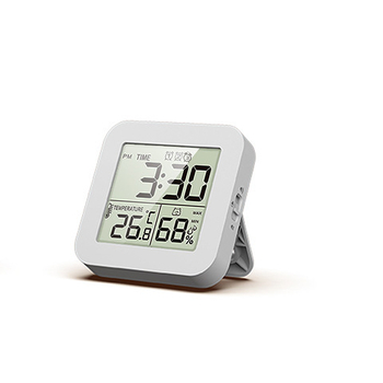 Elektroninis žadintuvas su LCD ekranu, termometru ir higrometru, trys žadintuvai, maitinimas baterijomis, ABS korpusas