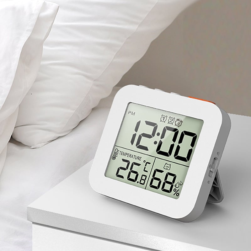 Ηλεκτρονικό ρολόι ξυπνητήρι με LCD οθόνη, θερμόμετρο και υγρασία, τρεις συναγερμοί, τροφοδοσία με μπαταρία, ABS περίβλημα