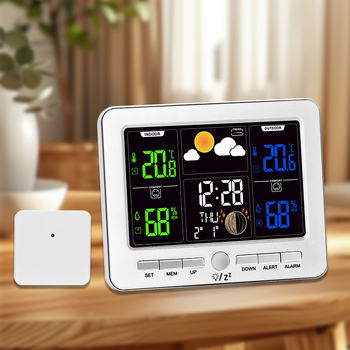 Színes LED-kijelzős ébresztőóra, beltéri/kültéri hőmérséklet és páratartalom, időjárás-előrejelzés, holdfázis, örökös naptár, modell AN0814, ABS ház, elemes