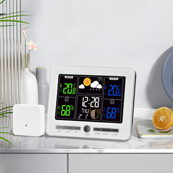 Színes LED-kijelzős ébresztőóra, beltéri/kültéri hőmérséklet és páratartalom, időjárás-előrejelzés, holdfázis, örökös naptár, modell AN0814, ABS ház, elemes