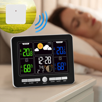 Színes LED-kijelzős ébresztőóra, beltéri/kültéri hőmérséklet és páratartalom, időjárás-előrejelzés, holdfázis, örökös naptár, modell AN0814, ABS ház, elemes