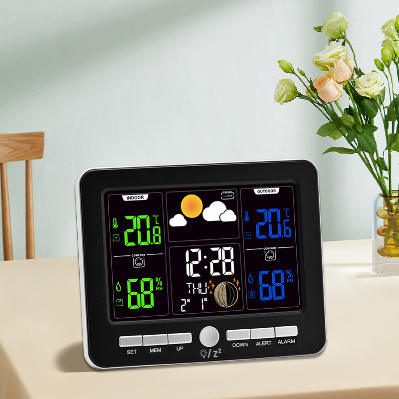 Színes LED-kijelzős ébresztőóra, beltéri/kültéri hőmérséklet és páratartalom, időjárás-előrejelzés, holdfázis, örökös naptár, modell AN0814, ABS ház, elemes