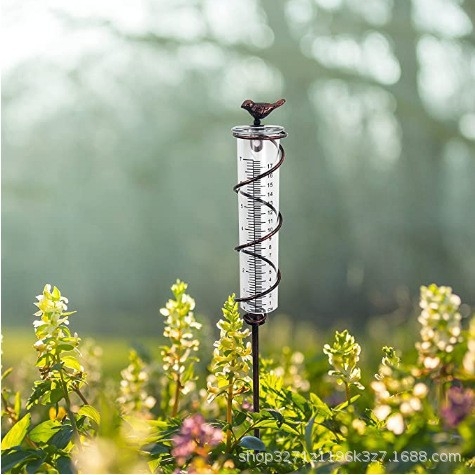 Stiklinis lietaus matuoklis su ketaus paukšteliu ir metalo rėmu kiemo zonai – modelis LYQ-Hummingbird, skalė 1–20, talpa 0–800 ml, svoris 0,2 kg, pritaikymas