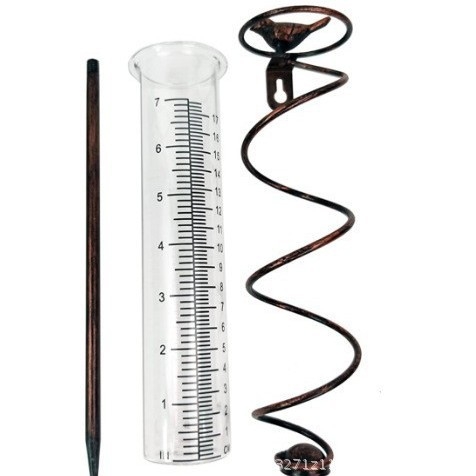 Stiklinis lietaus matuoklis su ketaus paukšteliu ir metalo rėmu kiemo zonai – modelis LYQ-Hummingbird, skalė 1–20, talpa 0–800 ml, svoris 0,2 kg, pritaikymas