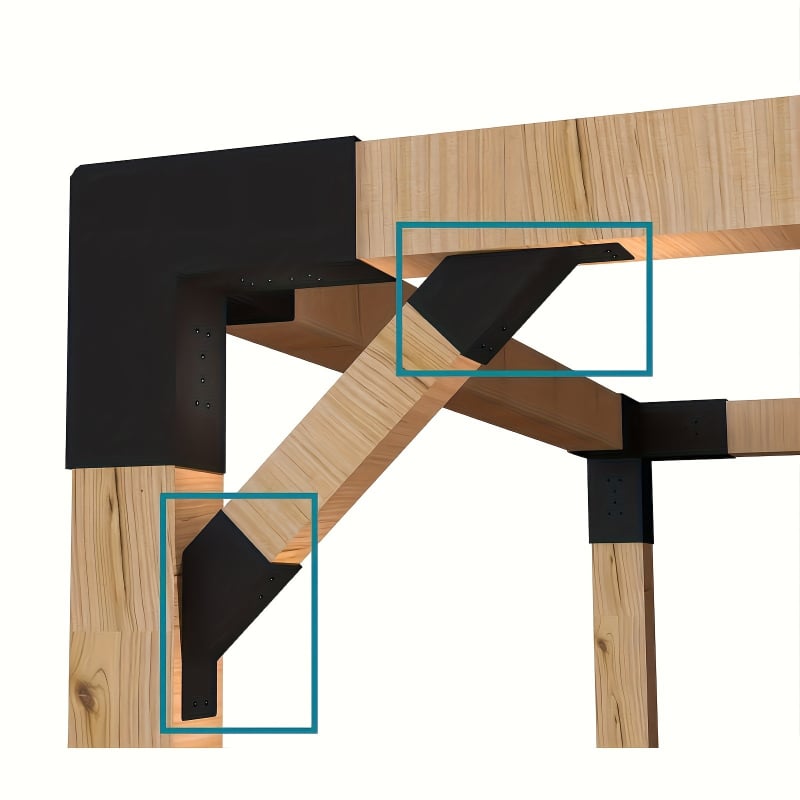 Тежък 45° ъглов държач за пергола – въглеродна стомана, прахово покритие, модел 432432, подходящ за беседки, гаражи, дървени къщи, тераси и дворове