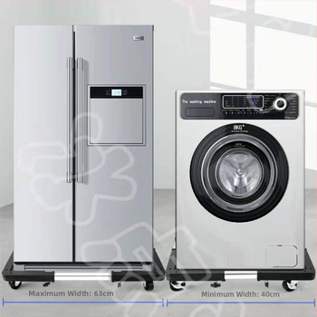 Reguliuojama nerūdijančio plieno įrenginių baze su judančiais ratukais – vieno sluoksnio laikiklis skalbimo mašinai, šaldytuvui ir oro kondicionieriui (modernus minimalistinis stilius)