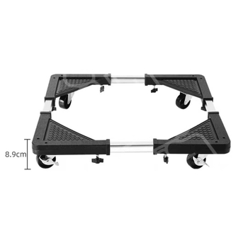 Reguliuojama nerūdijančio plieno įrenginių baze su judančiais ratukais – vieno sluoksnio laikiklis skalbimo mašinai, šaldytuvui ir oro kondicionieriui (modernus minimalistinis stilius)