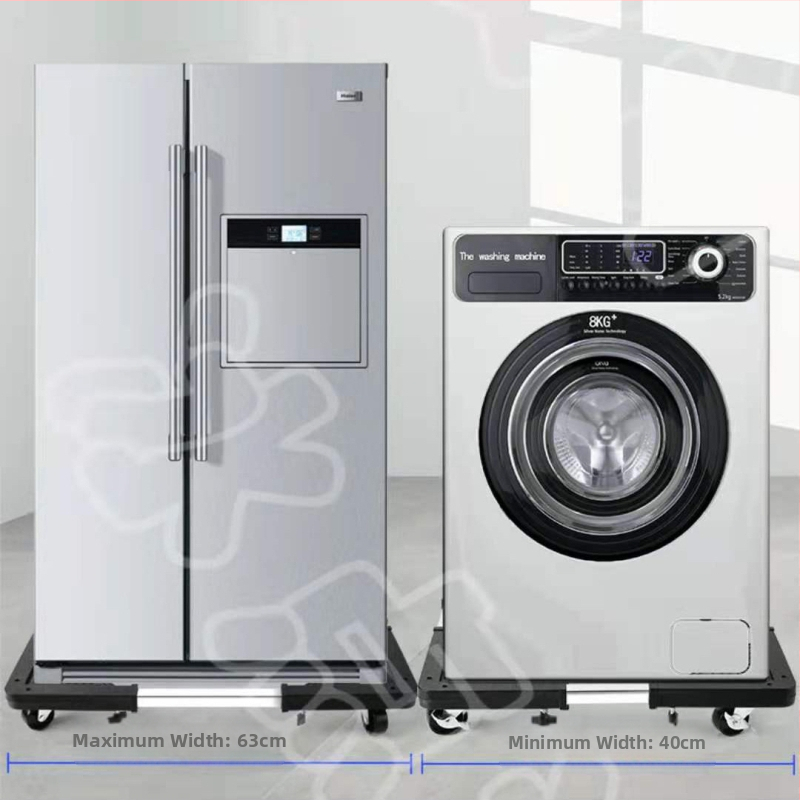 Regulējama nerūsējošā tērauda ierīču bāze ar pārvietojamiem riteņiem - vienslāņu plaukts mazgājamajai mašīnai, ledusskapim un gaisa kondicionierim (mūsdienīgs minimālisma stils)