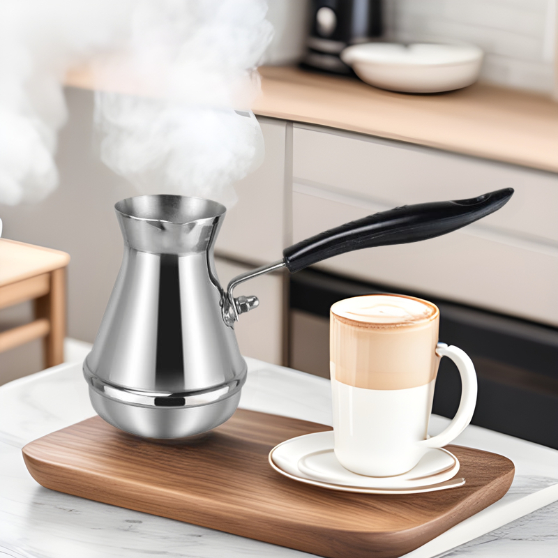 Nerūdijančio plieno kavos puodelis su viena rankena, smailu burna ir tefloninė danga pieno puta pagaminimui latte art