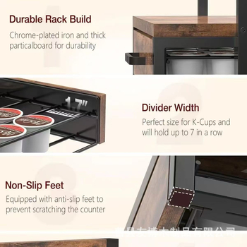 Ραφιέρα αποθήκευσης καφετιέρας με συρτάρι, συνδυασμός μετάλλου και ξύλου, επιτραπέζια εγκατάσταση, 1 επίπεδο, για φλυτζάνια και κάψουλες