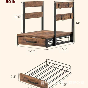 Ραφιέρα αποθήκευσης καφετιέρας με συρτάρι, συνδυασμός μετάλλου και ξύλου, επιτραπέζια εγκατάσταση, 1 επίπεδο, για φλυτζάνια και κάψουλες