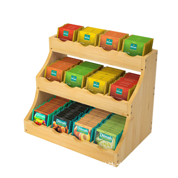 Medinis sieninis laikiklis prieskoniams ir kavos kapsulėms, iš bambuko, dviejų lygių kapsulių saugykla, trilypė arbatos ir kavos ekspozicija