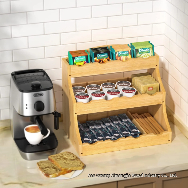 Дървена стенна поставка за подправки и кафе капсули, бамбук, двойно ниво за капсули, трислойна витрина за чай и кафе
