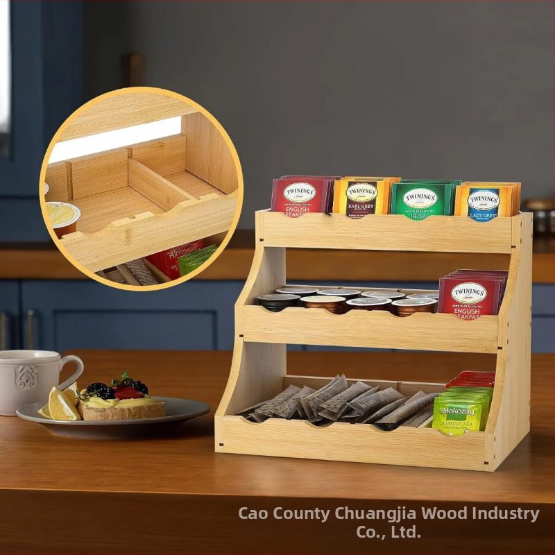 Дървена стенна поставка за подправки и кафе капсули, бамбук, двойно ниво за капсули, трислойна витрина за чай и кафе