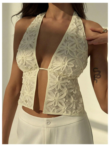Γυναικείο halter τοπ χωρίς μανίκια με Jacquard φλοράλ μοτίβο, στενή εφαρμογή, πολυεστέρας ≥95%, Καλοκαίρι 2025
