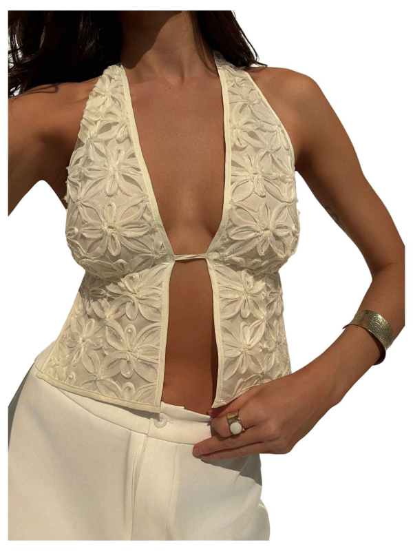 Halter top bez rukava s jacquard cvjetnim uzorkom, slim fit, poliester ≥95%, ljeto 2025