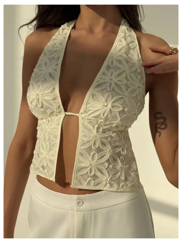 Halter top bez rukava s jacquard cvjetnim uzorkom, slim fit, poliester ≥95%, ljeto 2025