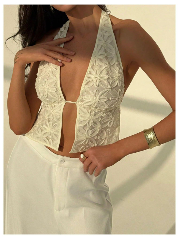Halter top bez rukava s jacquard cvjetnim uzorkom, slim fit, poliester ≥95%, ljeto 2025
