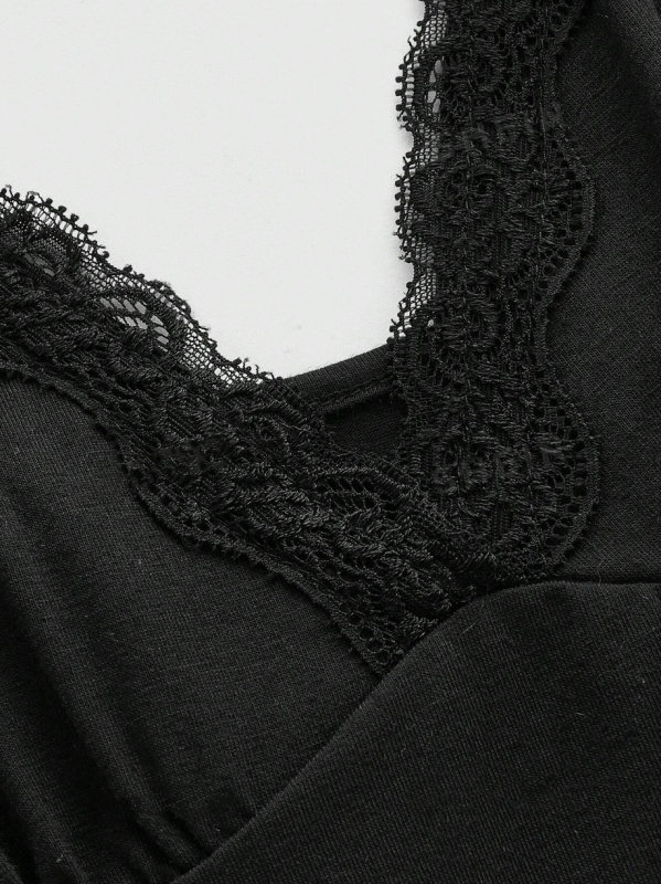 Дамски топ с дантелена кант и презрамки, V-образно деколте, открит гръб, свободен крой, трикотажен полиестер 95%+ и спандекс, лято 2024