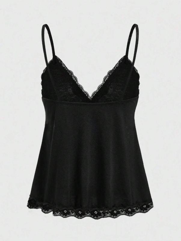 Дамски топ с дантелена кант и презрамки, V-образно деколте, открит гръб, свободен крой, трикотажен полиестер 95%+ и спандекс, лято 2024