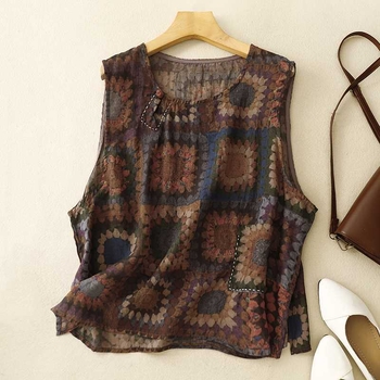 Női ujjatlan felső kerek nyakú, növény-virág mintás, pamut-kender keverék, 2024 nyár, irodalmi retro stílus