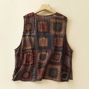 Női ujjatlan felső kerek nyakú, növény-virág mintás, pamut-kender keverék, 2024 nyár, irodalmi retro stílus