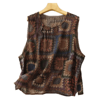 Női ujjatlan felső kerek nyakú, növény-virág mintás, pamut-kender keverék, 2024 nyár, irodalmi retro stílus